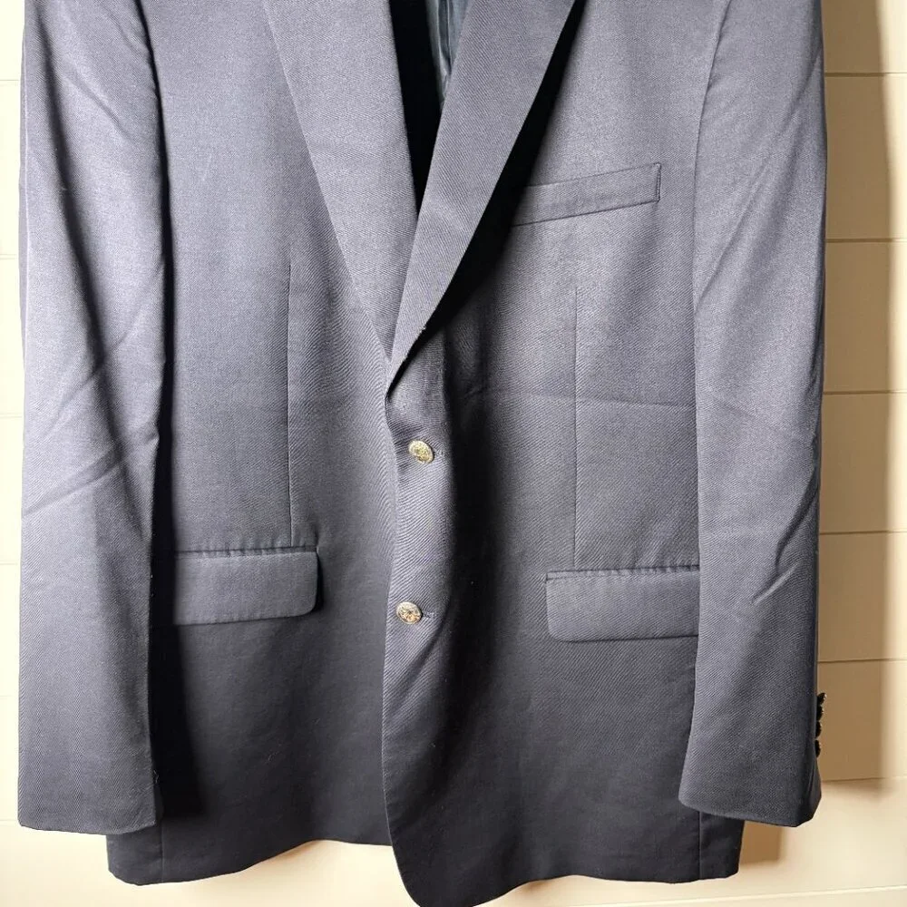 Austin Reed Mens Dillards Blue Worsted Wool Blazer Jacket 48R Gold Buttons